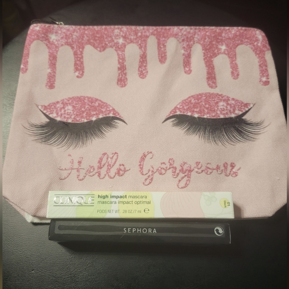 Hello gorgeous beauty pouch with clinique mascara & false eye lashes applicator.